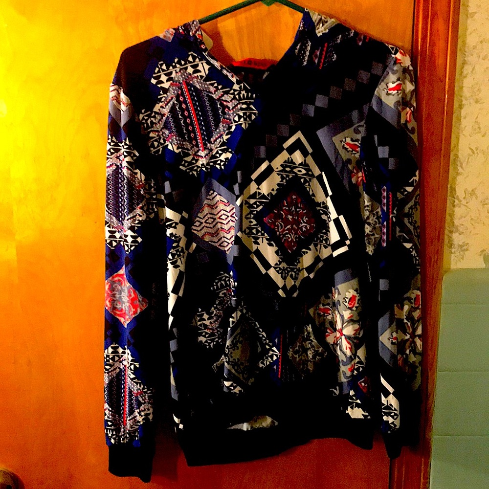 Hot kiss size large blue , black, and gray hooded top